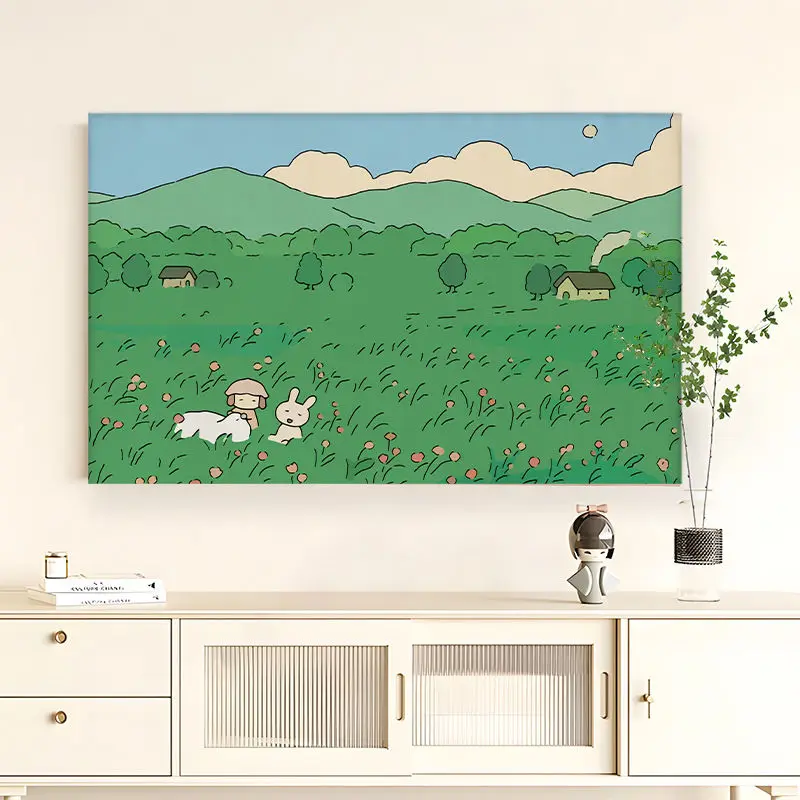 

Japanese Healing Pastoral Green Meadow Rabbit TV Covers - Elastic Cloth Dust Cover Universal for Flat Curved 32" to 65" TVs