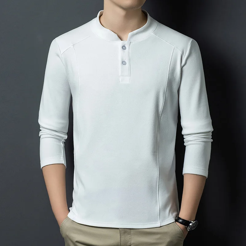 2025 New Double Sided German Velvet Bottom Shirt Men Stand Collar Long Sleeve T-shirt Spring Autumn Slim Fit Business Casual Top
