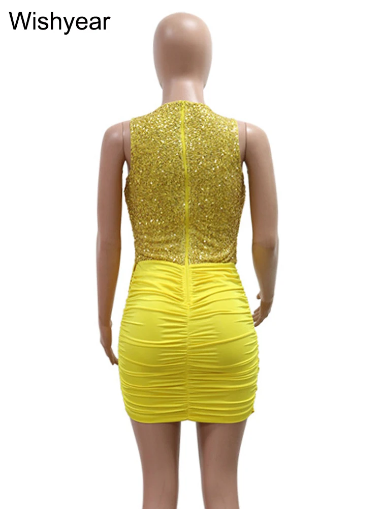 New Fashion Yellow Sequins Patchwork Irregular Ruched Bodycon Birthday Club Dresses for Women Sleeveless O-neck Evening Vestidos