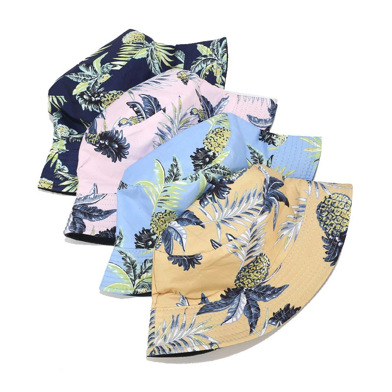 Reversible Pineapple Print Bucket Hat Double-sided Sun Protection Cap for Summer