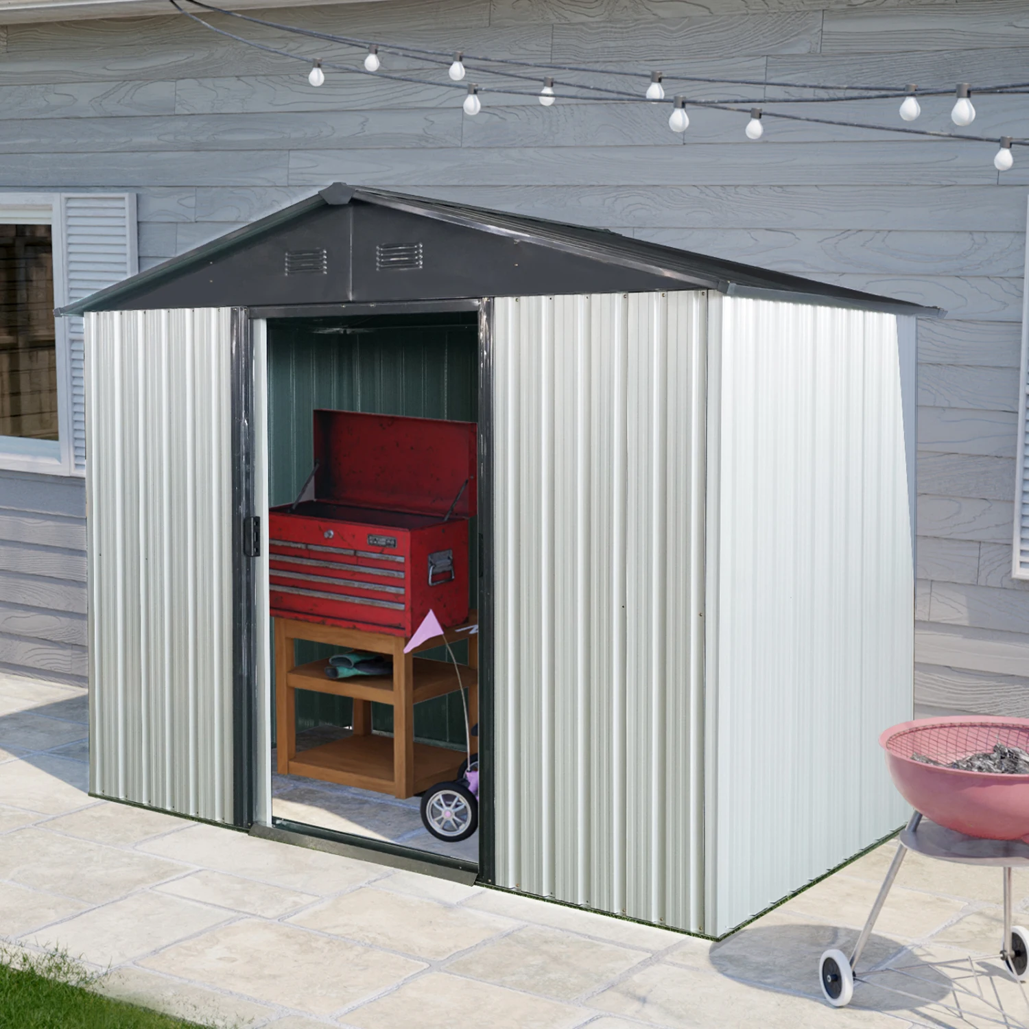 Outdoor Metal Storage Shed with Sliding Door for Backyard - White/Black