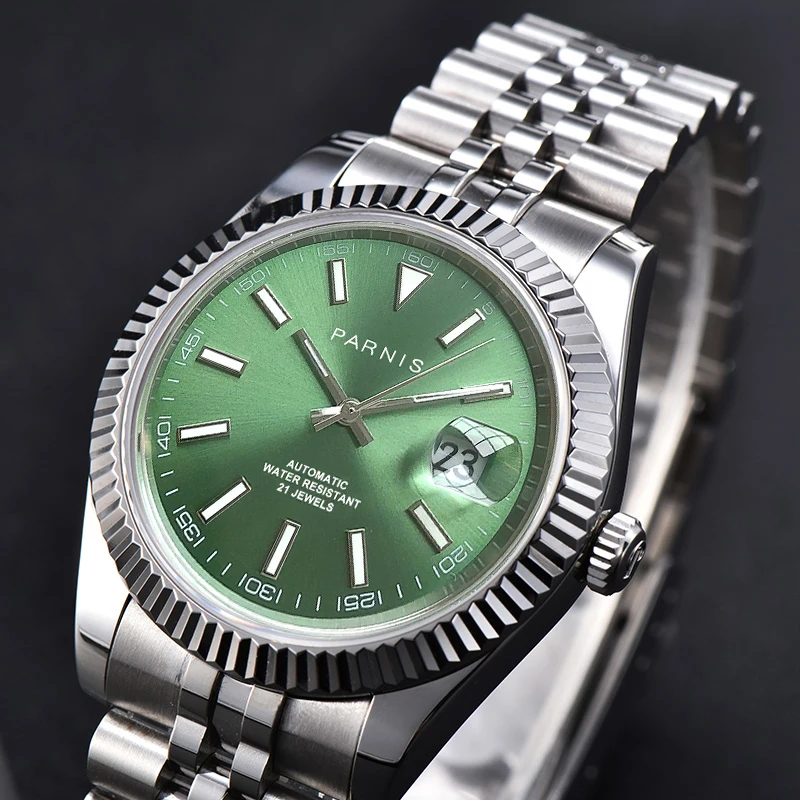 

Parnis 39.5mm Green Dial Men's Watches Calendar Sapphire Glass Stainless Steel Strap Automatic Mechanical Luxury Watch Men Gift