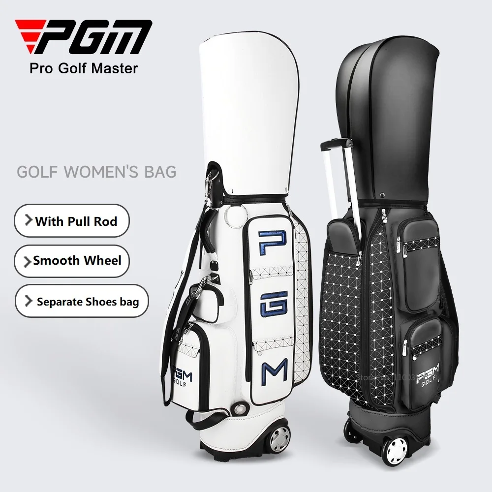 PGM Women Men PU Leather Golf Stand Bags Waterproof Golf Standard Ball Bags with Wheel Ultra-Light Golf Pack with Shoulder Strap