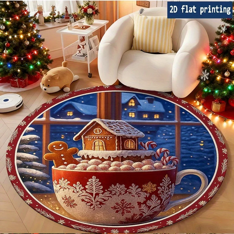 Gingerbread Man Red Mug Snow Window Cabin Round Rug Living Room Sofa Chair Bedroom Bedside Entry Giftbox Non Slip Rug