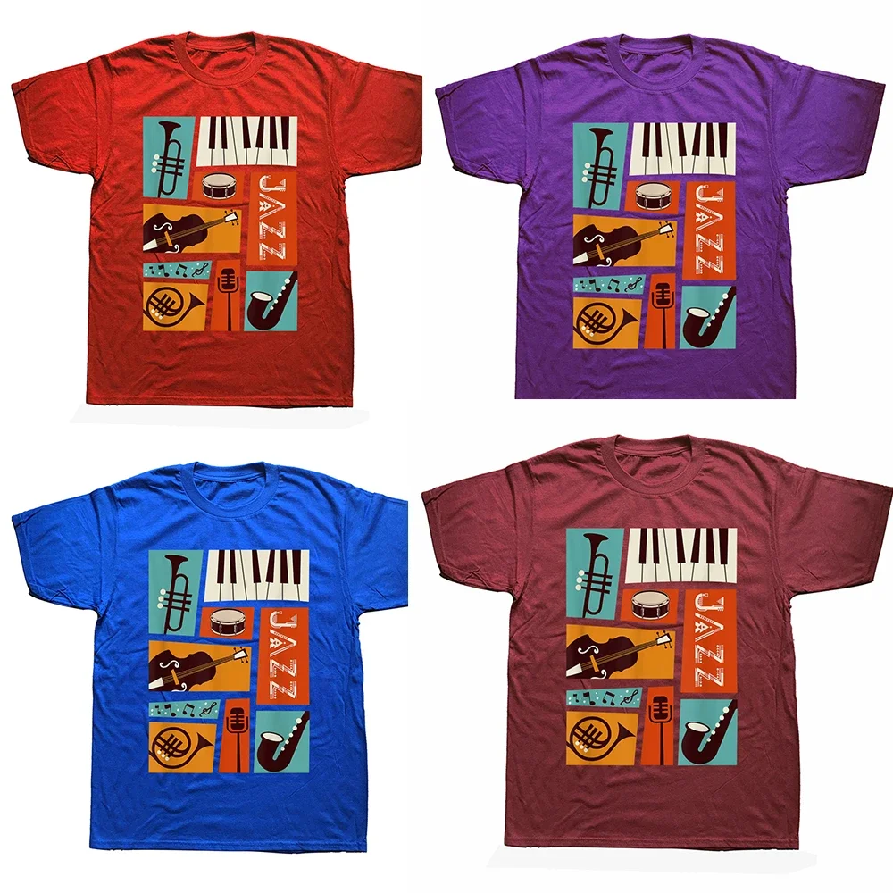 Funny Jazz Snare Piano Music Jazz Band Musician Saxophone Trumpet T Shirts Graphic Cotton Short Sleeve Birthday Gifts T-shirt