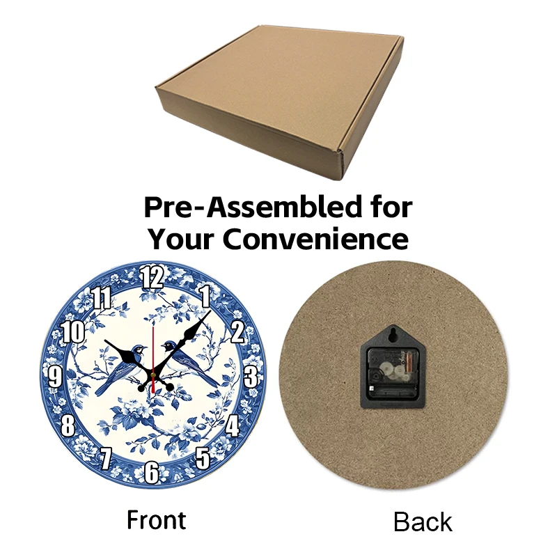 Blue Birds Floral Wooden Round Silent Hanging Wall Clock, Suitable For Living Room, Office, Study Room, Bedroom, Home Decoration