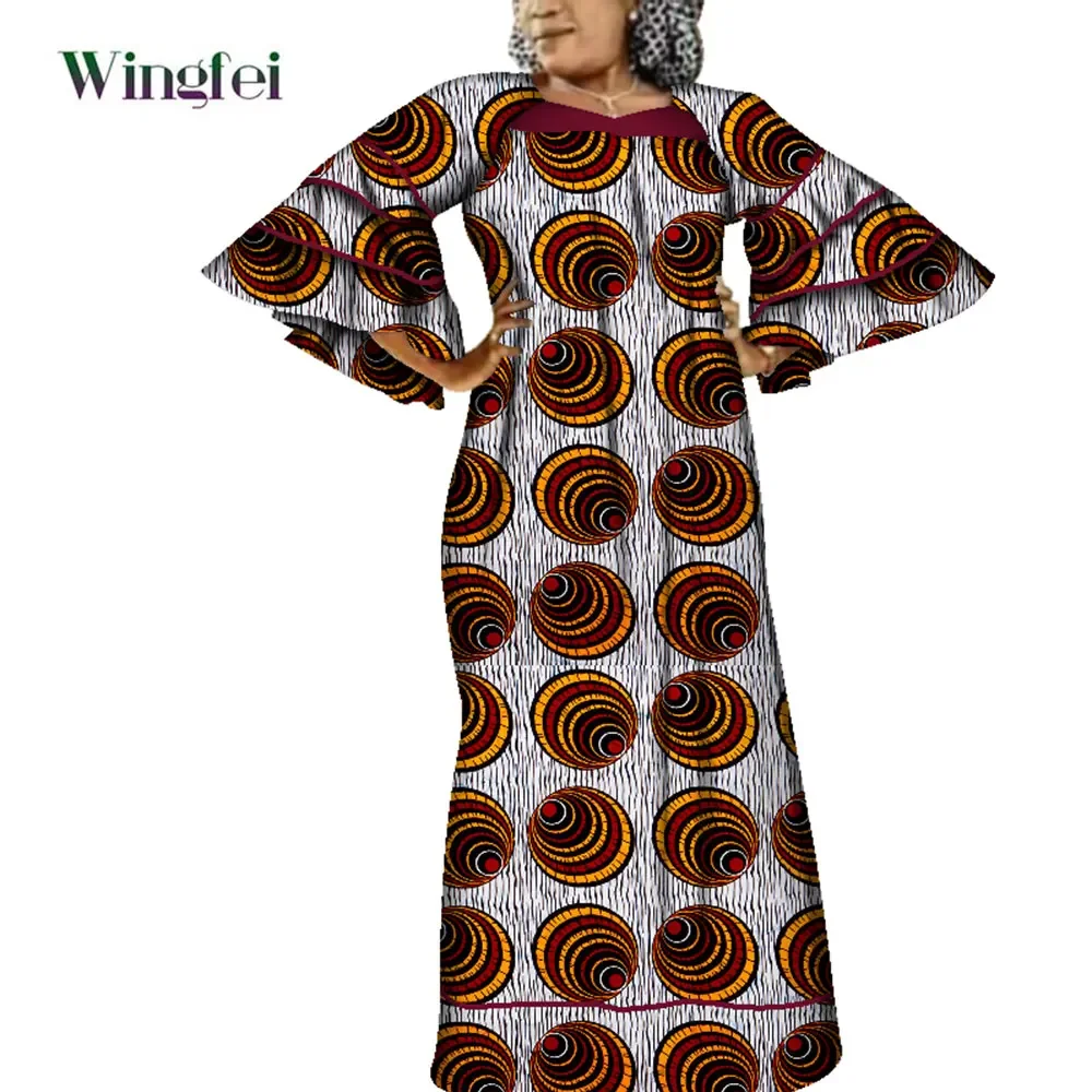 Ankara Fashion Robe Africaine Floral Print African Clothing Maxi Long Bell Sleeves Dashiki African Dresses for Women WY3937