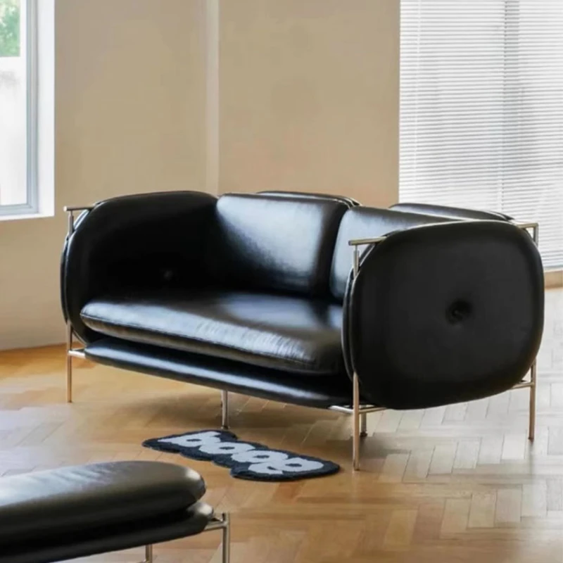 Black stainless steel Bauhaus leather sofa, medieval light luxury, Corbusier small unit clothing store