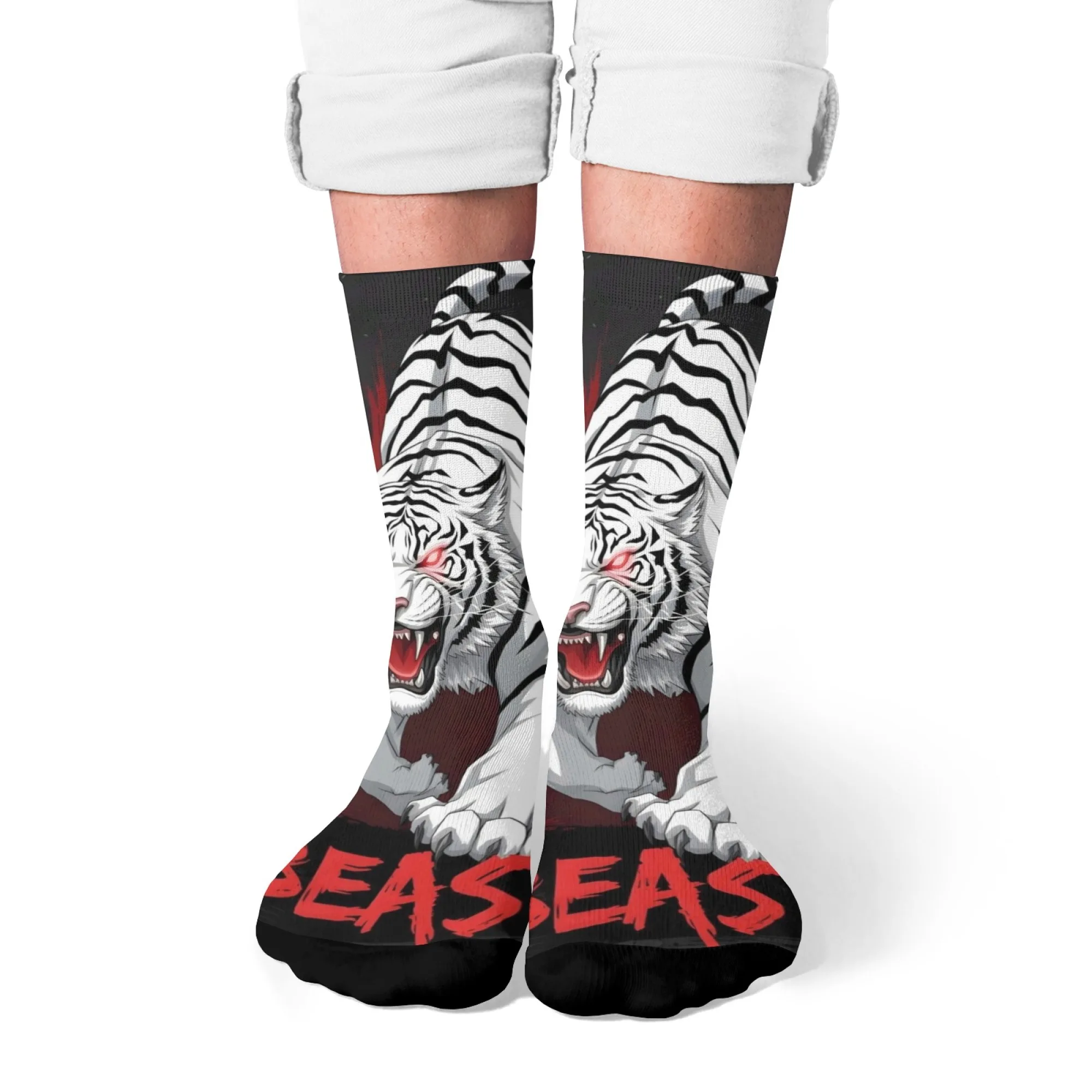 와일드 화이트 타이거 프린트 남성용 양말 편안한 통기성 미끄럼 방지 캐주얼 양말 참신 하라주쿠 레트로 스트리트 힙합 양말 선물