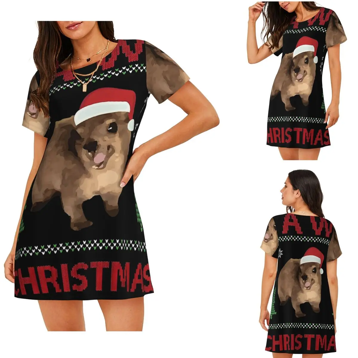 Christmas Wawa Mug Animal Hyrax Short Sleeves Nightdress Sleeping Sleepshirts Women Short Sleeve Nightgowns Loose Pajama Dress