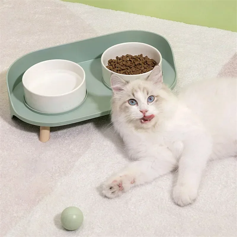 

CLEARANCE SALE-Cats Food Water Feeder Cat Double Bowls With Stand Ceramic Drinking Dish Bowl Wooden Rack Pet Tableware Food Tray