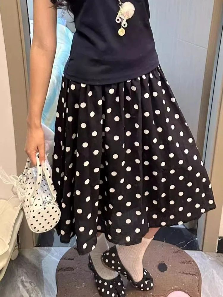 

Японские винтажные модные юбки в горошек для женщин, элегантные корейские шикарные черные короткие юбки, милые летние юбки миди во французском стиле Y2K