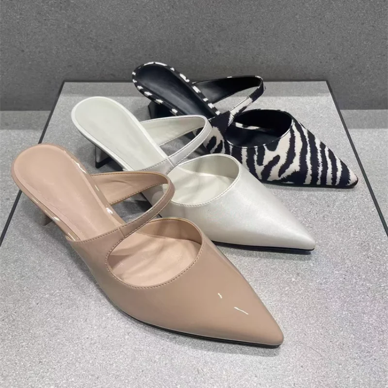 

Fashion New Sexy Leopard Women Mules Point Slip-On High Heel Sandals Zebra Print Closed Toe Slippers Thin Strap Women High Heels
