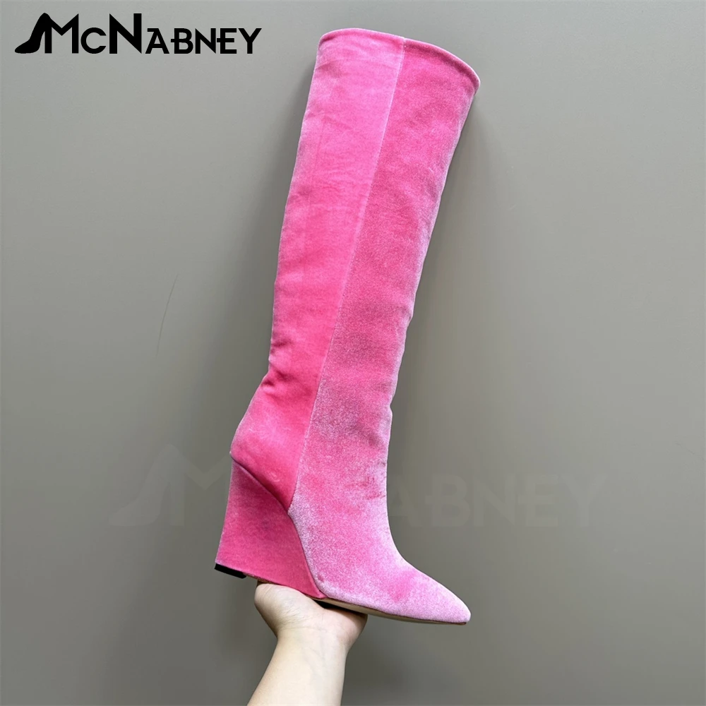 

Suede Color Block Wedge Boots Designer Style Knee High Boots Pointed Toe Comfortable Warm Boots Latest Fashionable Long Boots