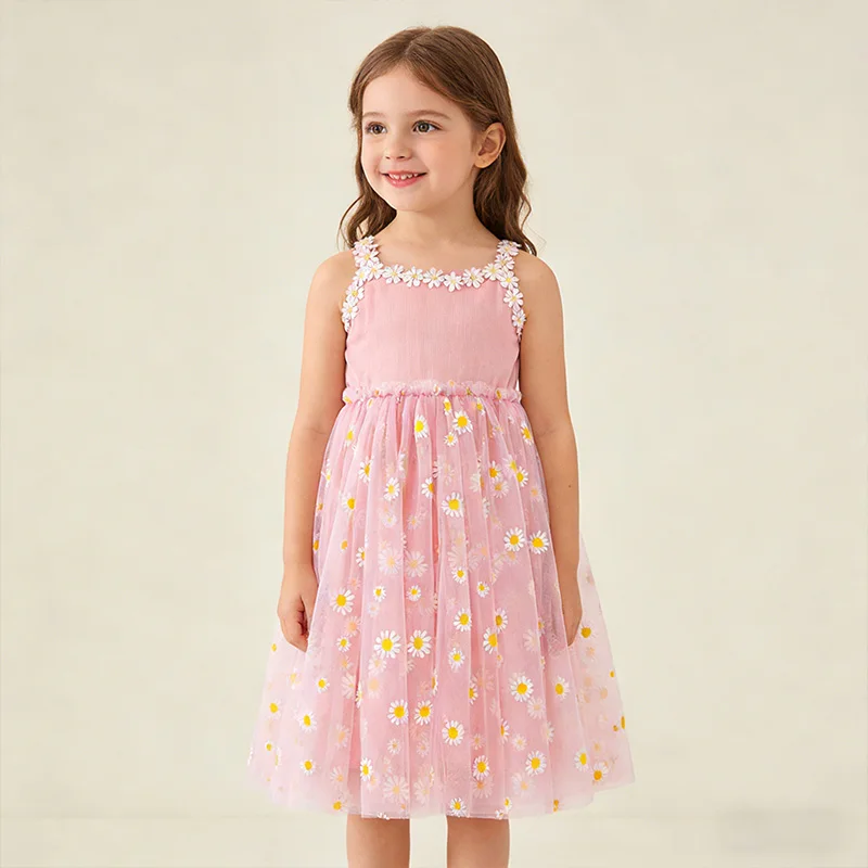 2026 Summer Girls Sling Dress Cute Daisy Print Tulle Skirt Casual Party Dress Kids Princess Dress with Lace Flower Trim 2-8Years