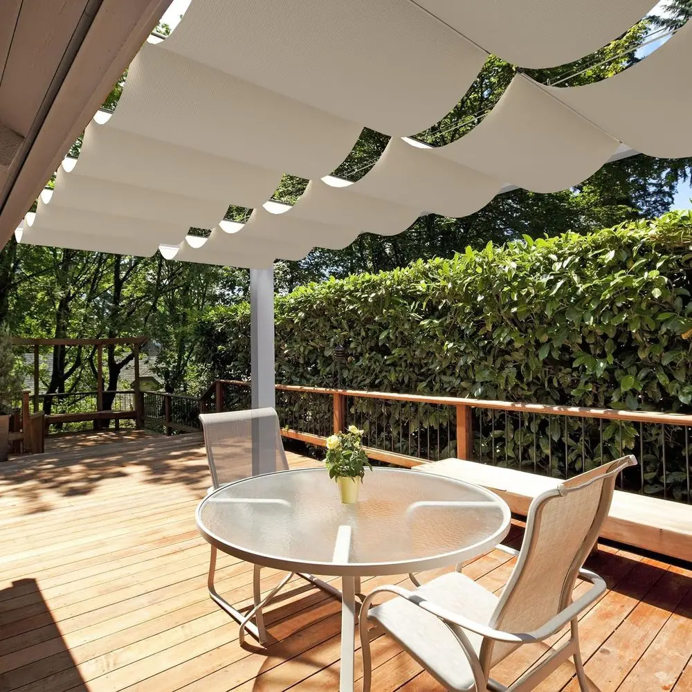 Retractable Wave Shade Cover for Outdoor Pergola, Patio, and Garden (Beige)