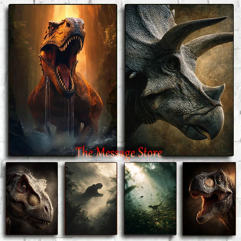 Dinotime Roaring T-Rex in Misty Jungle Raptor Dinosaur Triceratops Tyrannosaurus Rex Poster Canvas Painting Wall Pictures Decor
