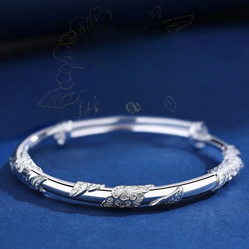 Classic Sterling Silver Solid Push-pull Adjustable Three-dimensional Flowers Leaves Bangles for Woman New Chinese-style Jewelry