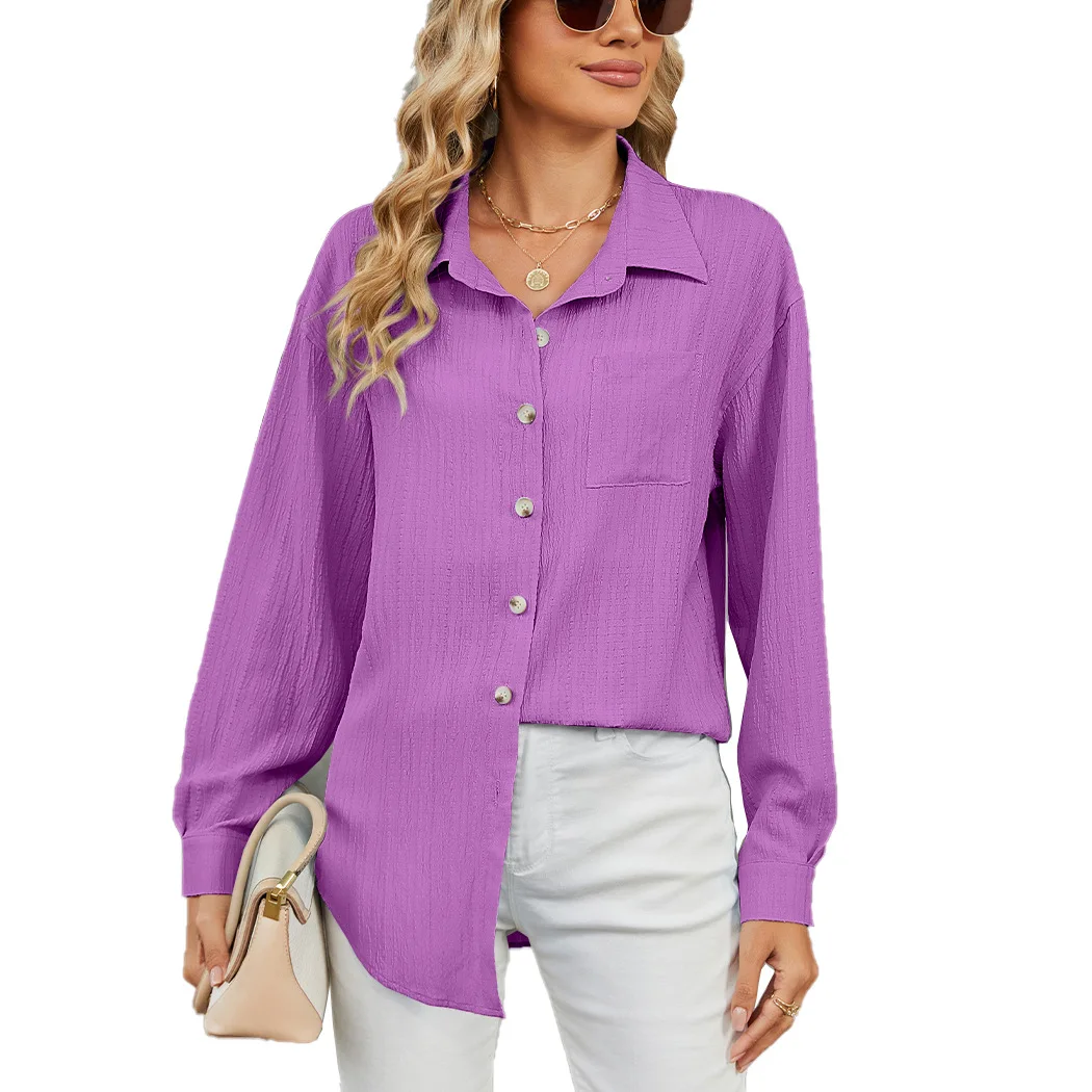 Camicia da lavoro casual da donna a maniche lunghe con risvolto e bottoni in maglia a costine Camicia da lavoro elegante da ufficio da donna Camicia da donna in tinta unita alla moda