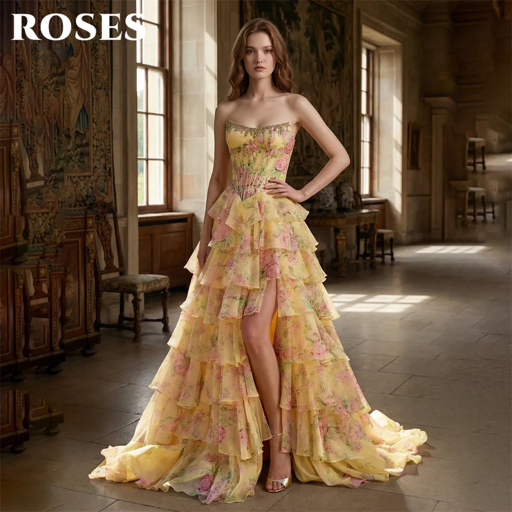 

ROSES Yellow Formal Gown Strapless Beaded Prom Dress Floral Print Layered Tulle Evening Dress High Slit Modern Style Customized