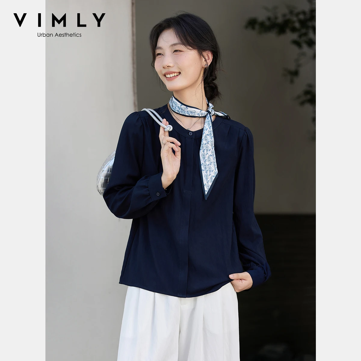 

VIMLY Elegant Navy Blue Women's Shirts Autumn 2025 Puff Sleeve Long Sleeve Female Blouses Casual O-neck Lace-up Ladies Top A3025