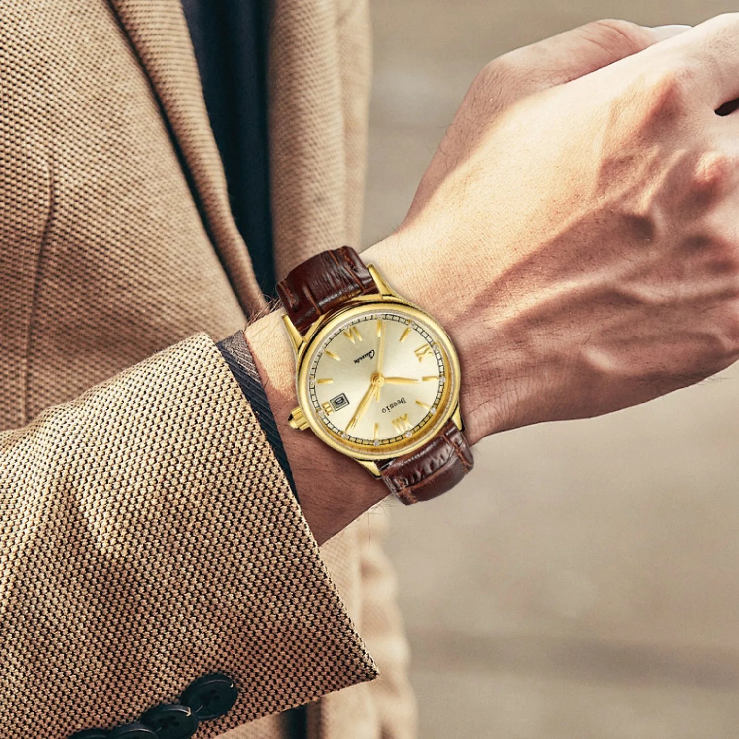 ساعة Deesio Business الرائعة للزوجين مصنوعة من مادة الفولاذ المقاوم للصدأ مقاومة للماء وعرض تقويم مزدوج هدايا للرجال والنساء