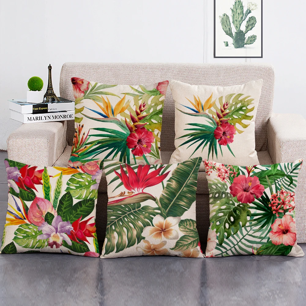 

Rainforest Leaves Africa Tropical Plants Hibiscus Flower Print Throw Pillows Case Chair Sofa Cushions Cover
