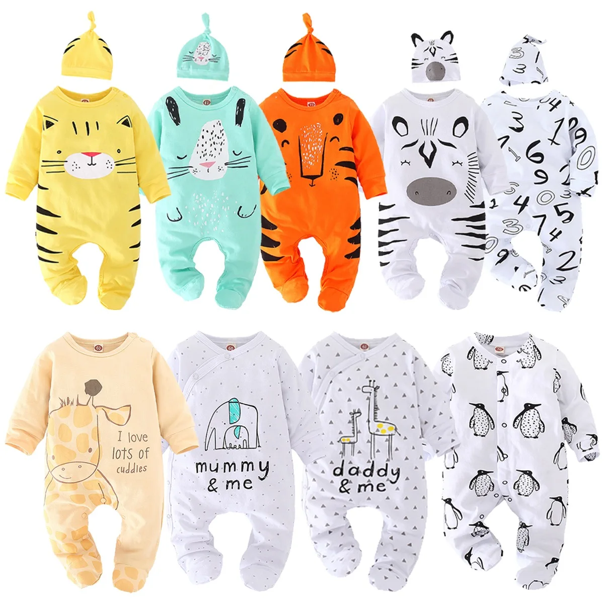 Baby Boy Rompers And Hat Long Sleeve Cotton Cute Animal Printing Newborn Baby Boy Girl Clothes Jumpsuit Toddler Infant Outfits