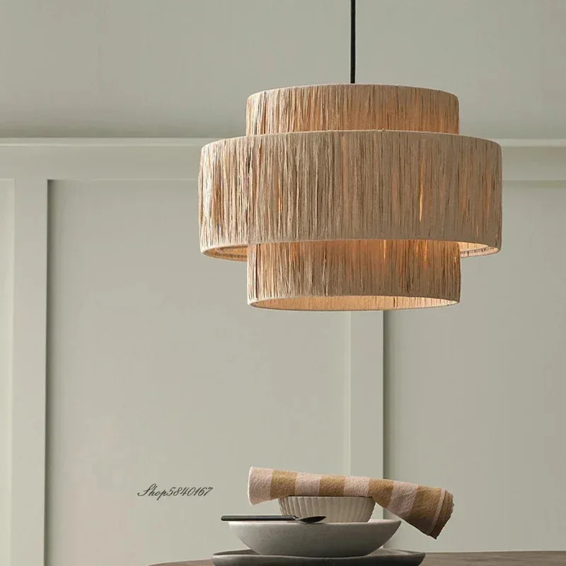 Japanese Woven Rattan Pendant Lights Handmade Ceiling Lamp Living Room Bedroom Dining Restaurant Lampshade Hanging Light