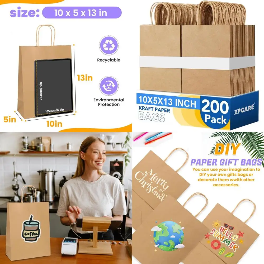 

Bulk 200-Count 10x5x13 Inch Kraft Paper Gift Bags with Handles for Weddings, Parties, and Shopping