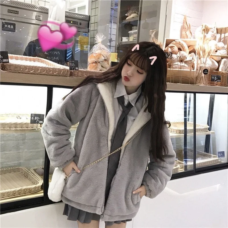 Autumn Winter Zipper Coat Sweet Hooded Kawaii Harajuku Loose Pocket Hoodies Womens Fleece Flannel Sweet Koala Coats 2023 Female