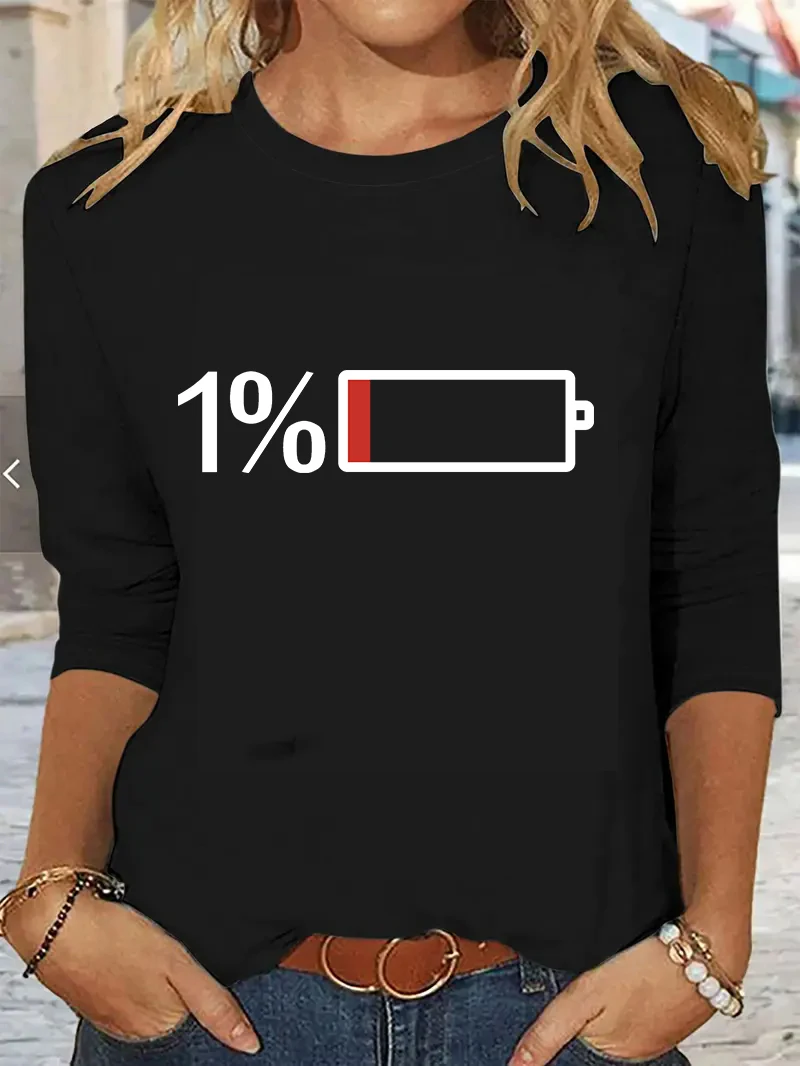 Fashion Low Battery Print  Long Sleeve Shirt Vintage T Shirt Women's Print T-Shirt Crew Neck Top Tee Tshirt Casual