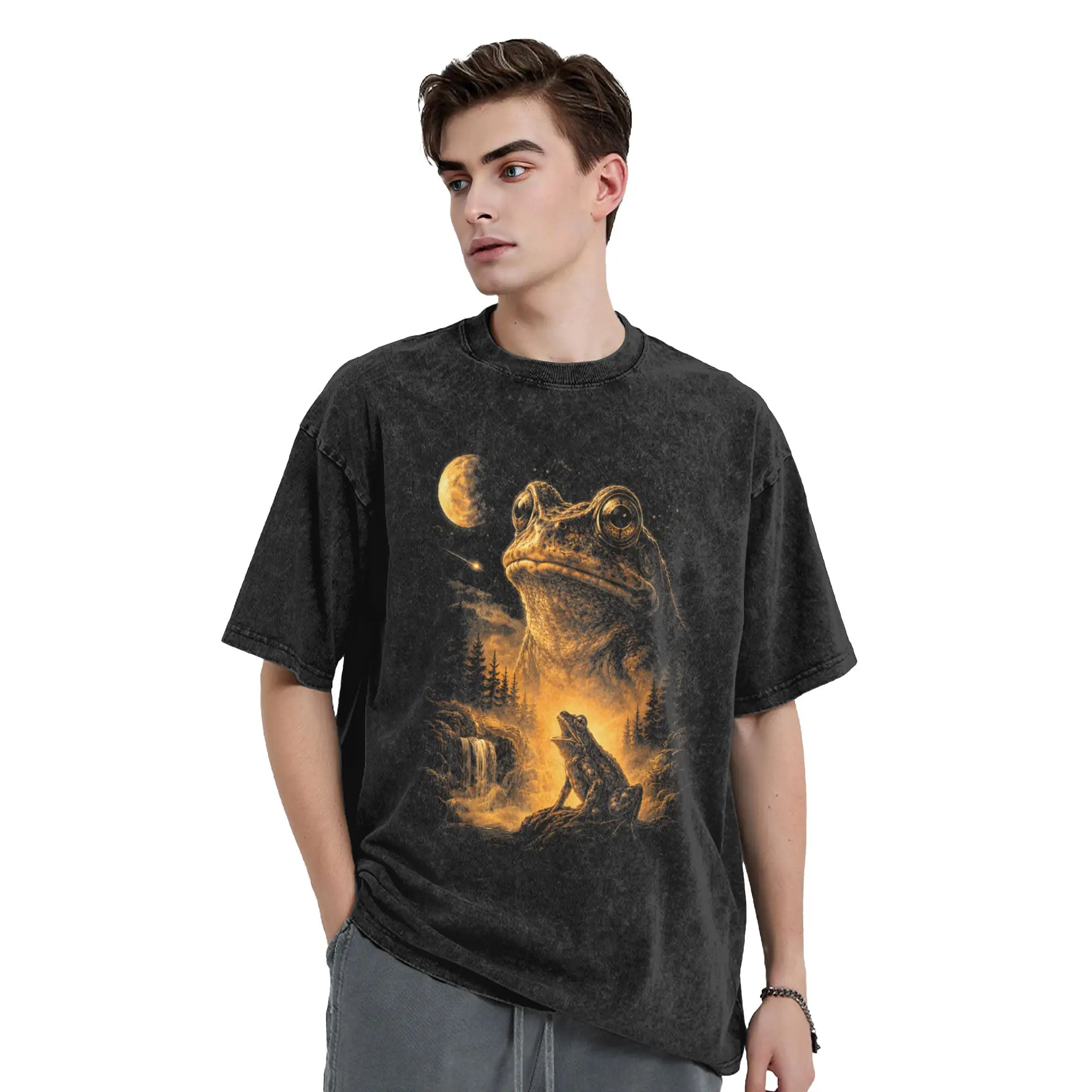 Frog Howling at Moon 90's Retro Funny T Shirt Summer  Streetwear T-Shirts Cotton Fashion Tee Shirt For Male Short-Sleeve Tees