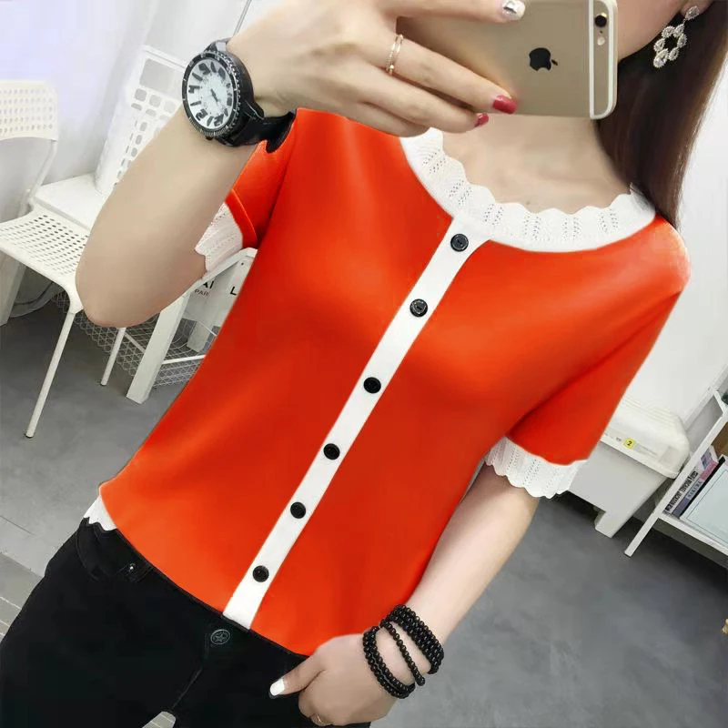 Ice Silk Short Sleeve T-Shirt Women Summer New Color Block Button Knitted Low round Neck Versatile Base Shirt Korean Style