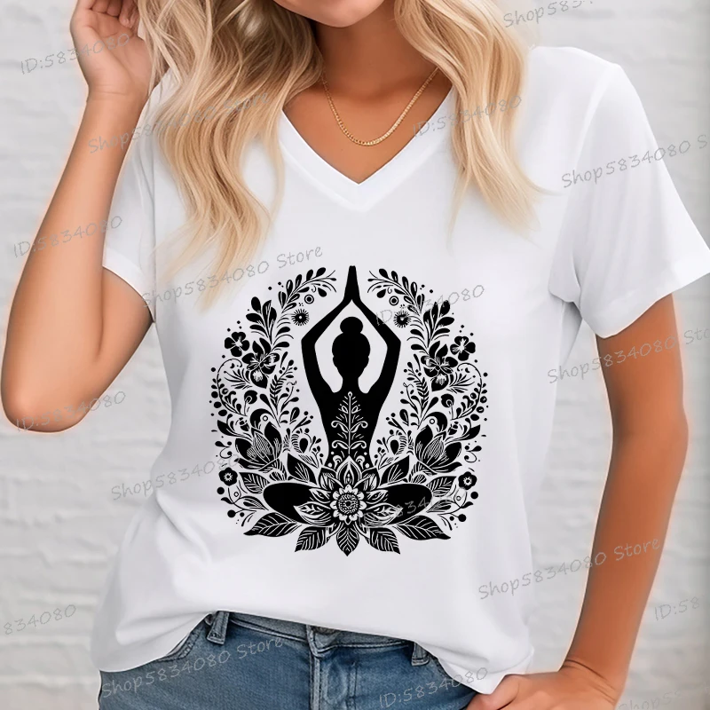 Women's Yoga Floral Shirt Design Graphic Short Sleeve Tee Casual Yoga Lover Gift V-neck Woman T-shirts Yoga Gifts Apparel Tops