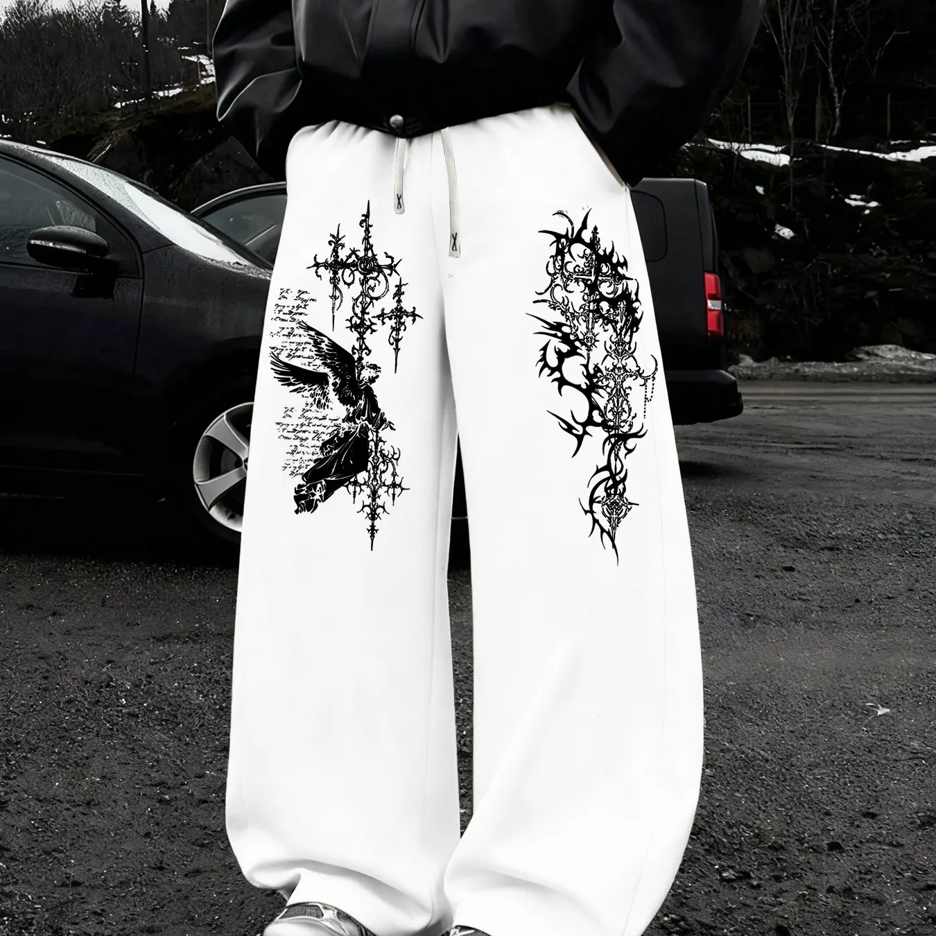 Men's Casual Straight Leg Pants Original Thorn Angel Print Sports Jogging Pants Straight Leg Pants, New Spring and Summer Styles