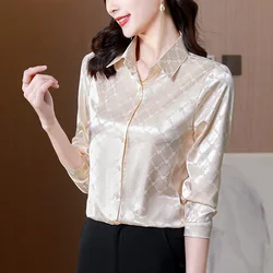 Women's Vintage Satin Loose Blouses, New Printed Silk Shirts, Ladies Clothing, Long Sleeves, FLORAL FASHION Tops, Spring, Summer