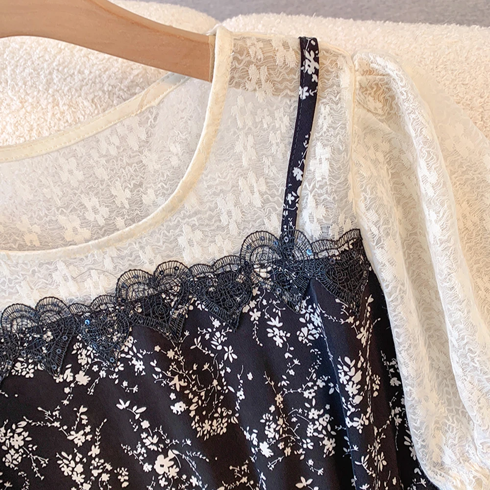 NYFS 2025 الصيف الكورية نمط فستان طويل فضفاض للنساء حجم كبير الدانتيل المرقعة الأزهار قصيرة الأكمام فستان امرأة رداء Elbise