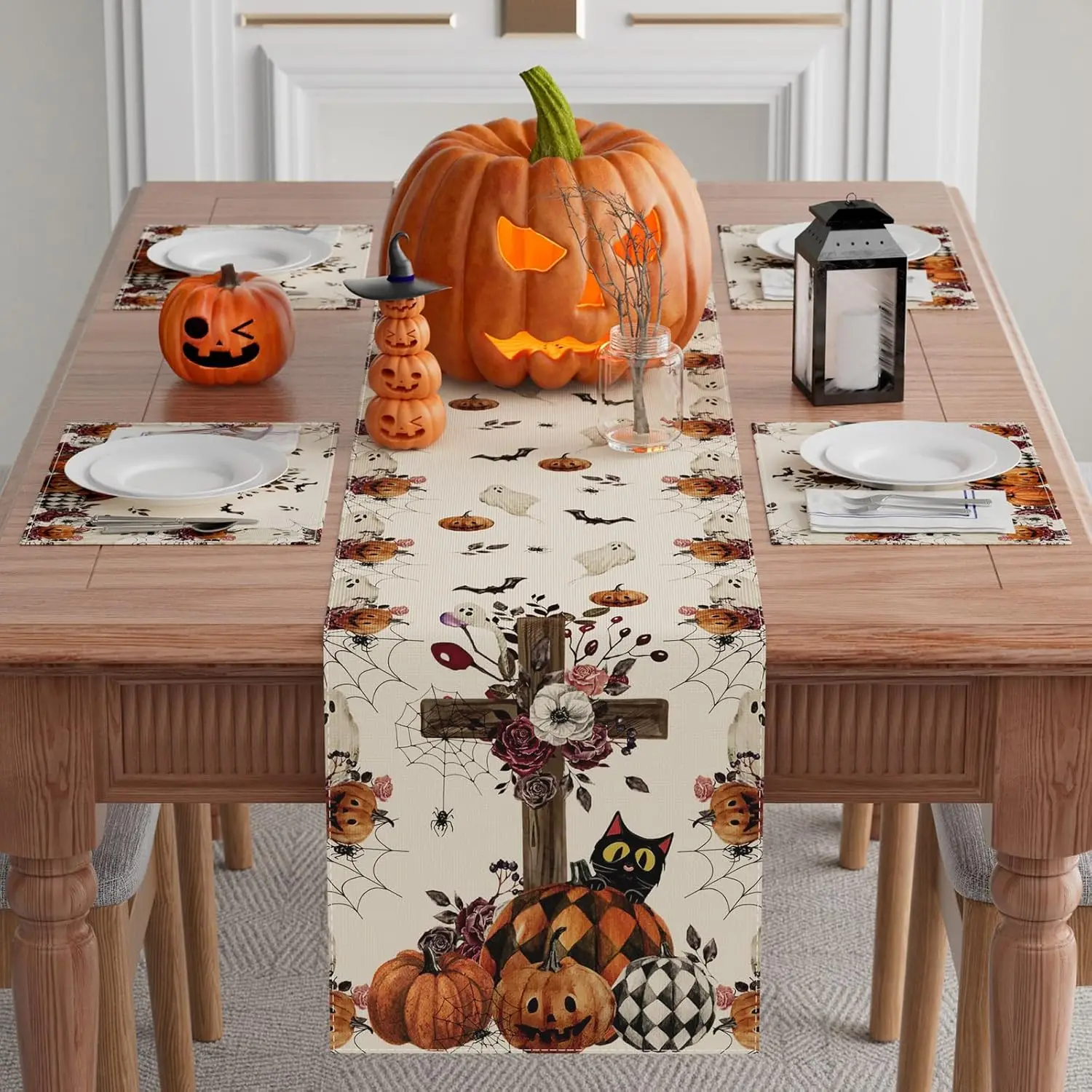 Halloween Spooky Pumpkin Spider Web Cross Linen Table Runner Tabletop Decor Reusable Kitchen Dining Table Runner Party Decor