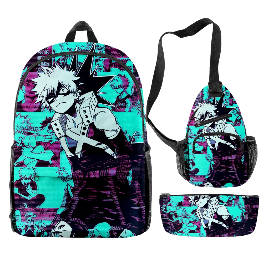 Trendy Youthful bakugou katsuki Anime 3pcs/Set Backpack 3D Print Bookbag Laptop Daypack Backpacks Chest Bags Pencil Case