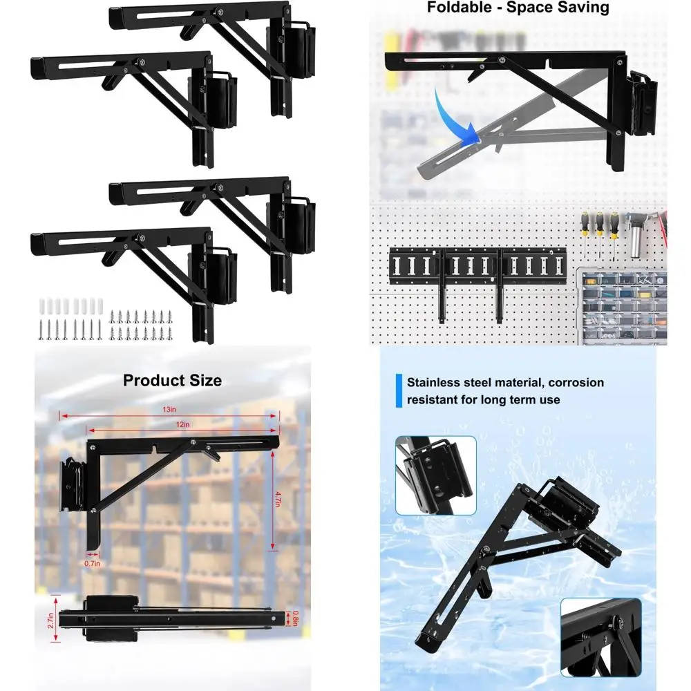 

Collapsible Stainless Steel E-Track Brackets for Workbenches, 12-Inch Folding Fixed Shelves, Garage Storage Solutions