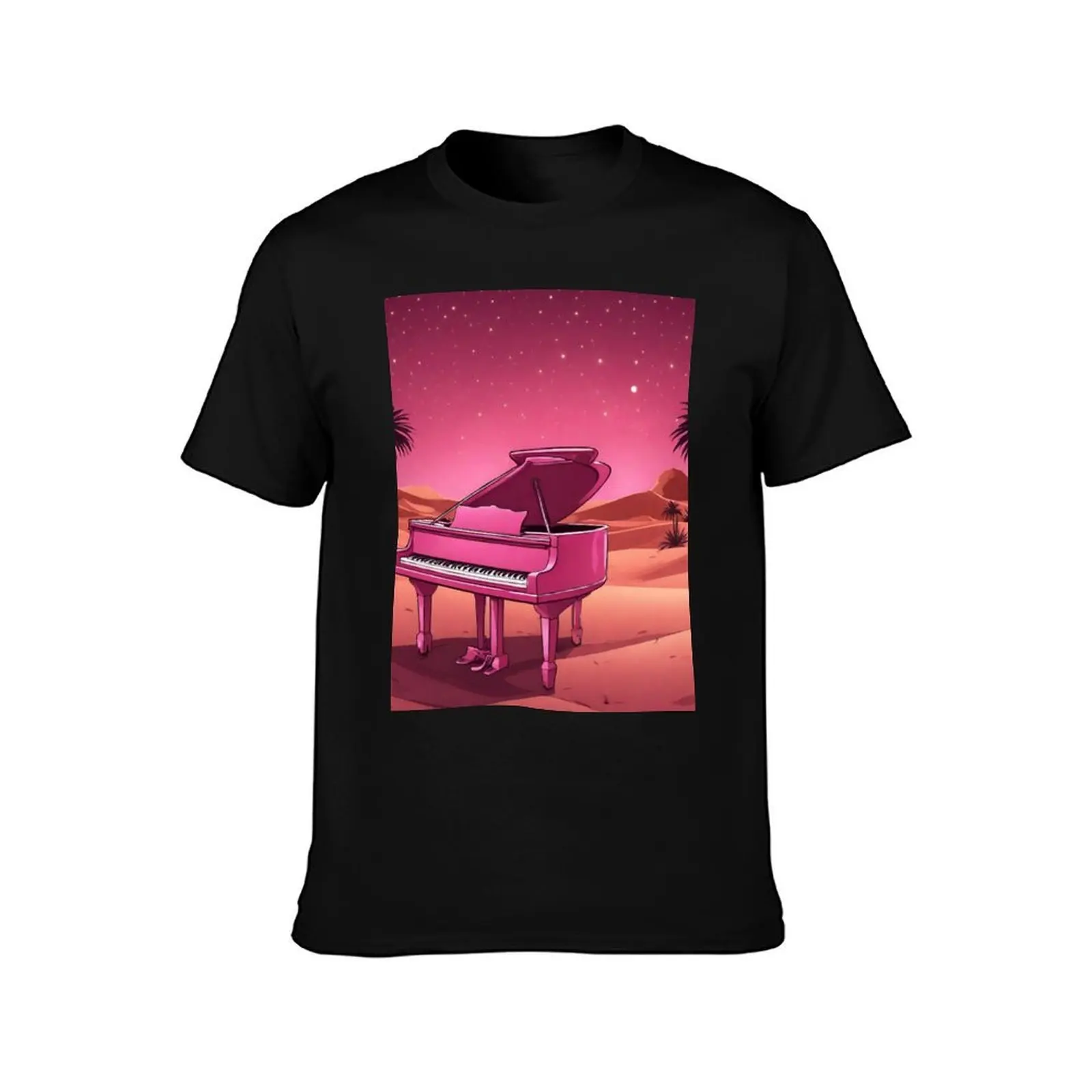 Piano in the Egyptian desert with Pyramids, jungles, lanterns, ancient Rome T-Shirt, Summer Casual Cotton Tee, Unisex Men Women