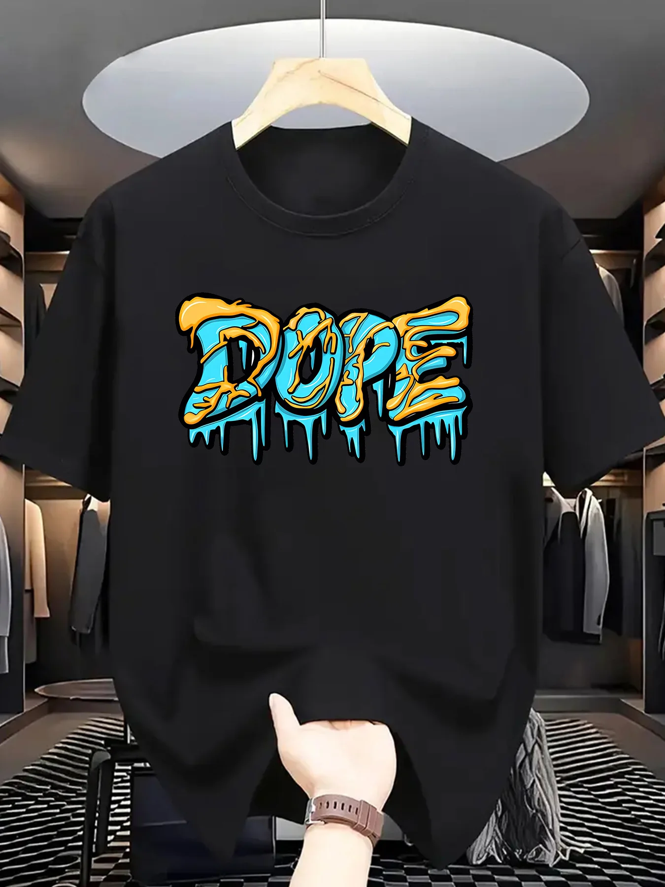 تي شيرت رجالي صيفي كاجوال بأكمام قصيرة مع طباعة قطرة لافتة للنظر، لون فيروزي لامع، نمط عادي، مقاس مريح