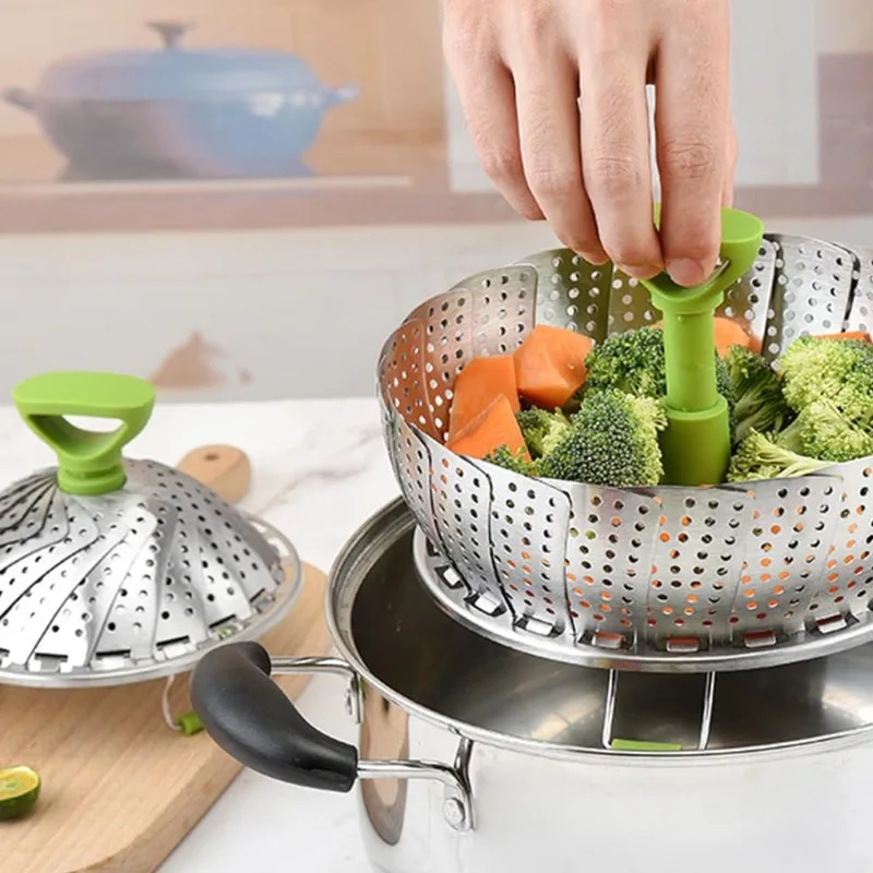 Bandeja de vapor de lótus em aço inoxidável, dobrável, expansível, vaporizador de alimentos, cesta de frutas vegetais, malha, rack de vapor, panelas de cozinha