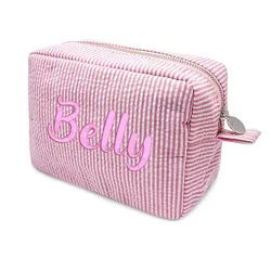 Personalized Cosmetic Bags for Women Seersucker Cosmetic Bag Custom Name Travel Toiletry Stripe Makeup Bag Girls Handbags Purses