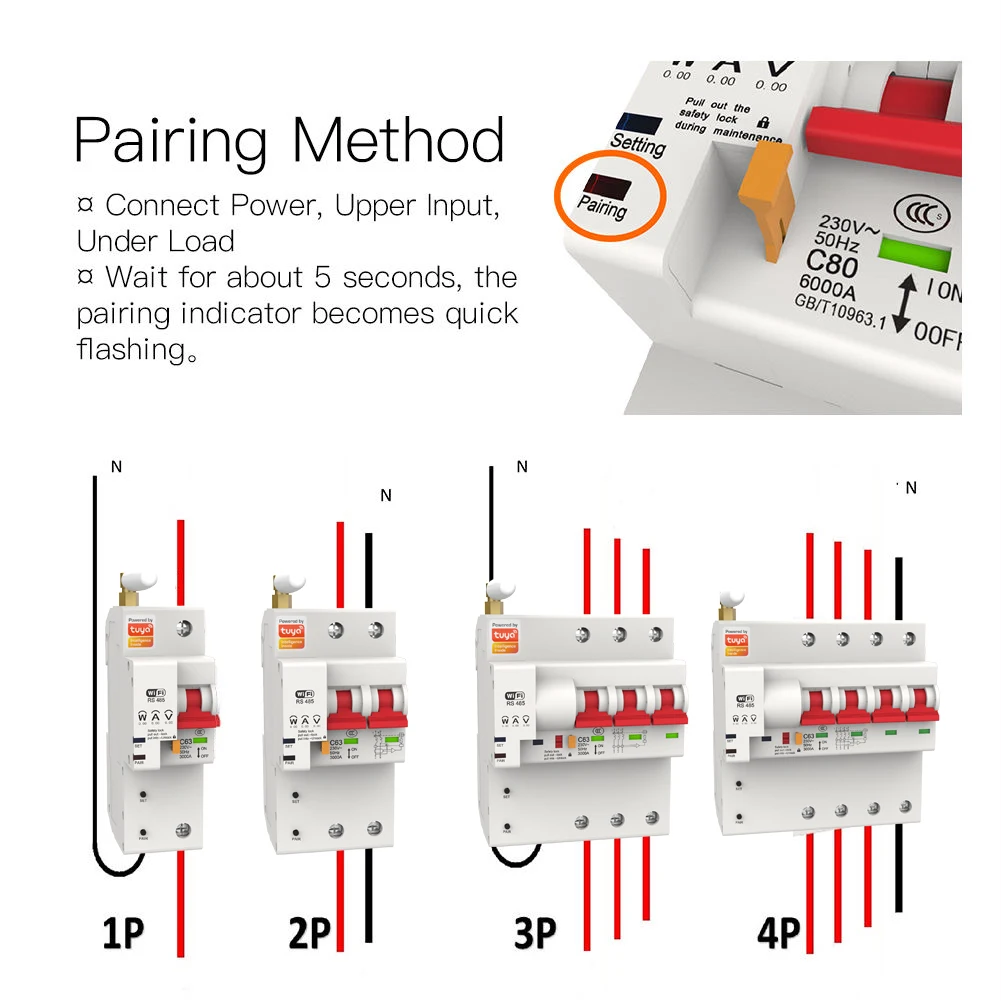 قاطع دائرة واي فاي ذكي 2P 10A إلى 100A Tuya Mcb مع قدرة كسر 6ka لقياس الطاقة