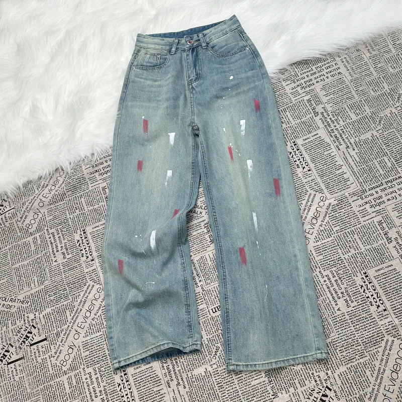 Splashed Ink Design y2k Jeans Sweet Fresh Jeans Women High Waisted Straight Leg Loose Narrow Wide Leg Pants 2024 Trousers