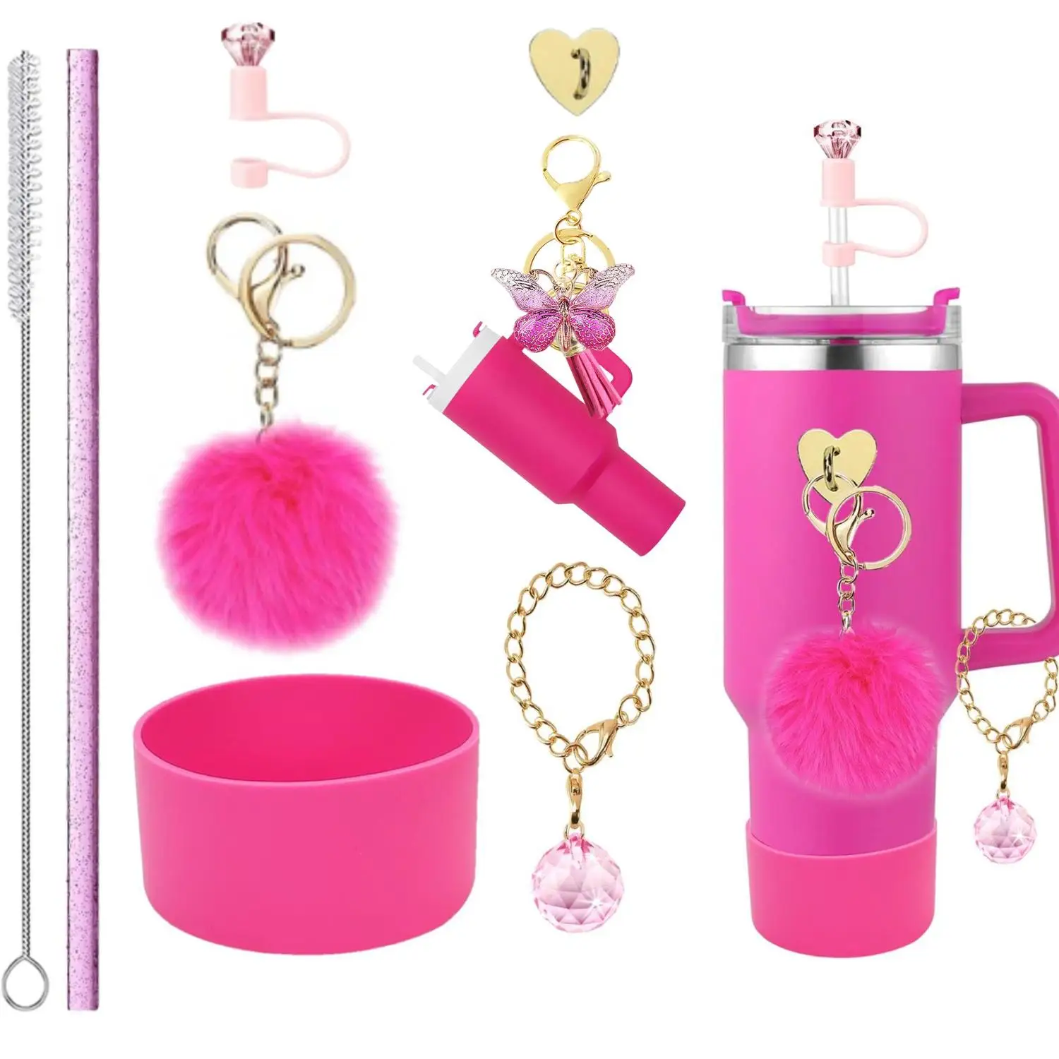 Silicone Cup Sleeve with Straw Topper for Stanley Plush Keychain Mini Tumbler Pendant And Straw Brush Charm - Kitchen Accessory