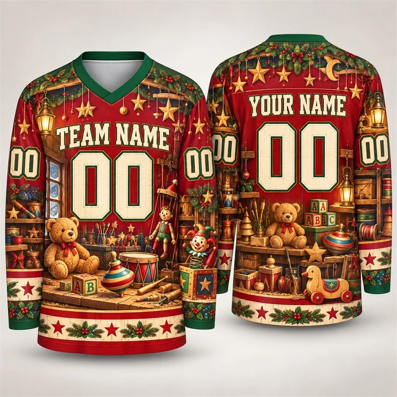 Personalized Dinosaur Christmas Hockey Jersey Custom Team Name Number Santa Dino Snowflake Pattern Long Sleeve Ice Hockey Top