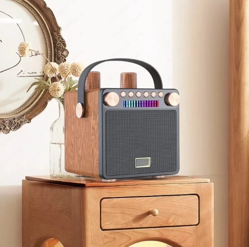 Retro Wooden Portable Bluetooth Speaker with Dual Microphones & RGB Light for Home & Outdoor Karaoke